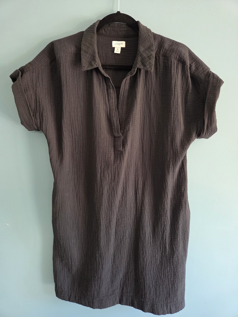 J.Crew Factory Short-Sleeve Gauze Popover Dress, Black, Size M